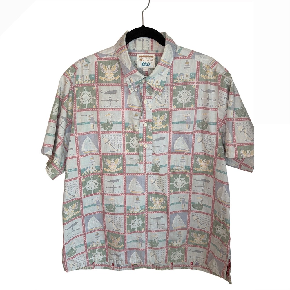 Vintage 90's Kahala Hawaiian Shirt Pastel Nautical Patchwork Cotton Popover